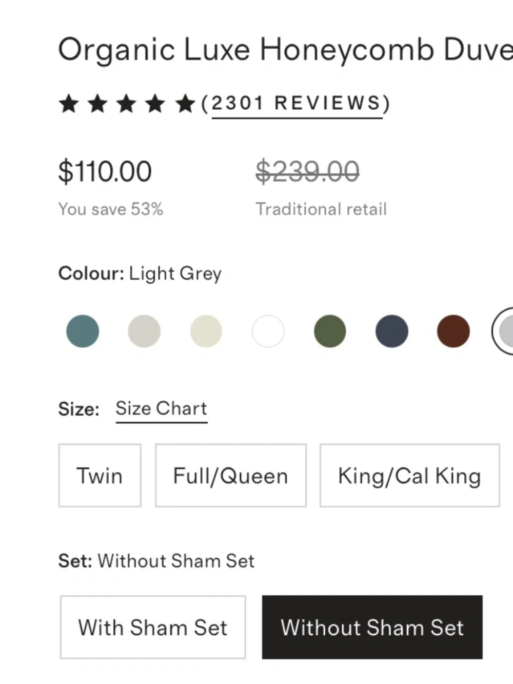Quince Organic Luxe Honeycomb Duvet Cover King / California king Light Gray